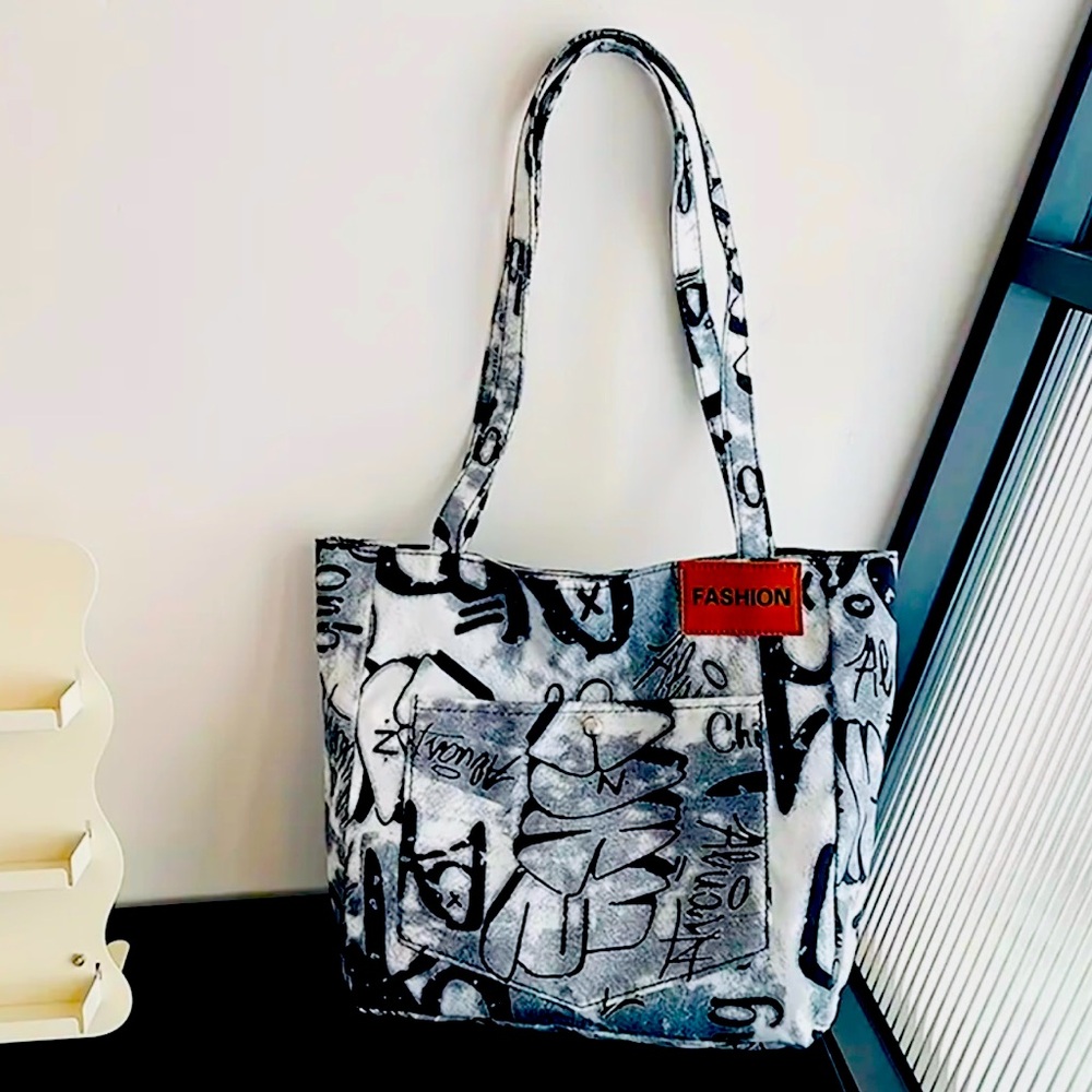 New - Unique - Retro Graffiti Print Shoulder Bag /Tote - White /Black /Gray